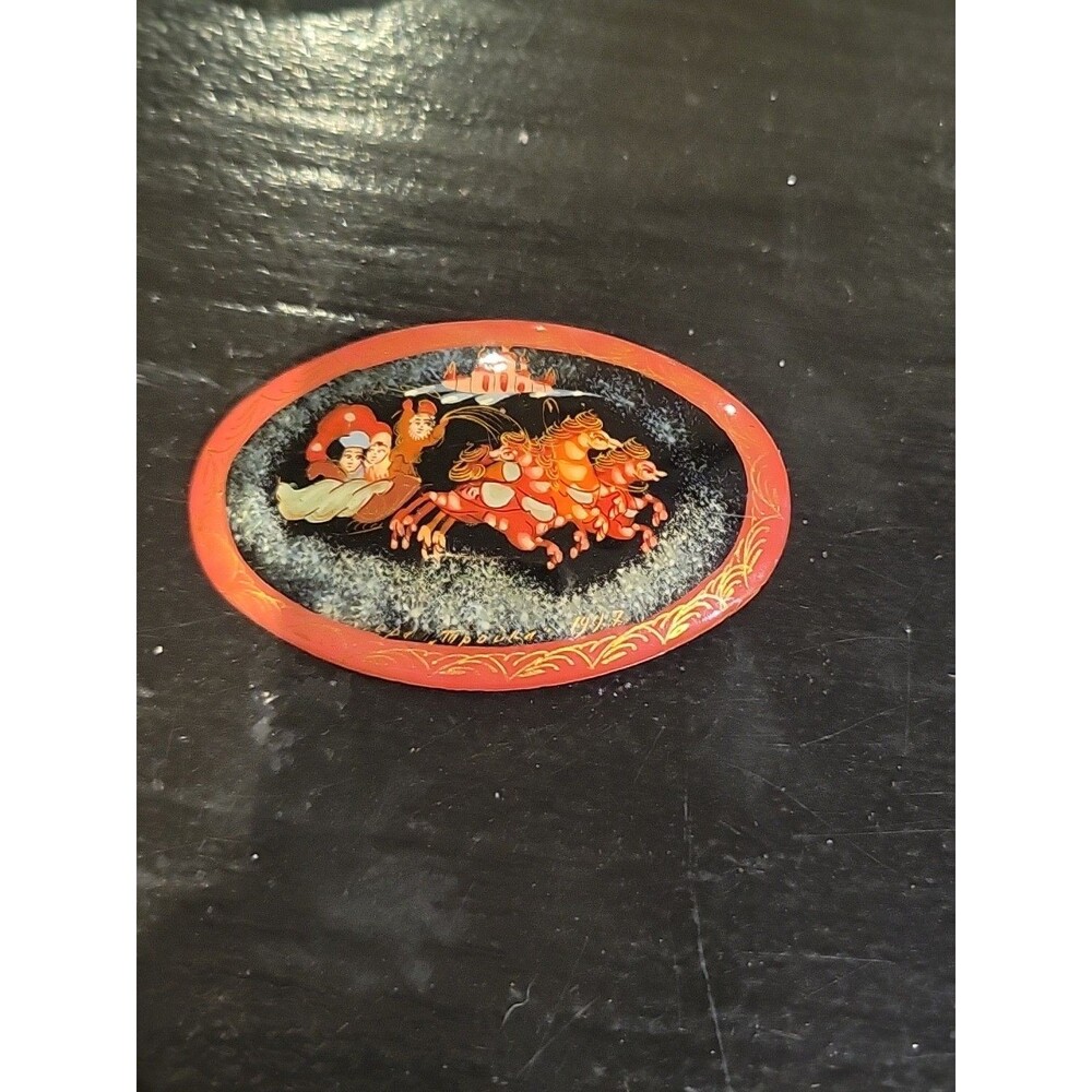 Vintage Russian Black Lacquer Brooch Folk Art Hand Painted Signed Troika Oval